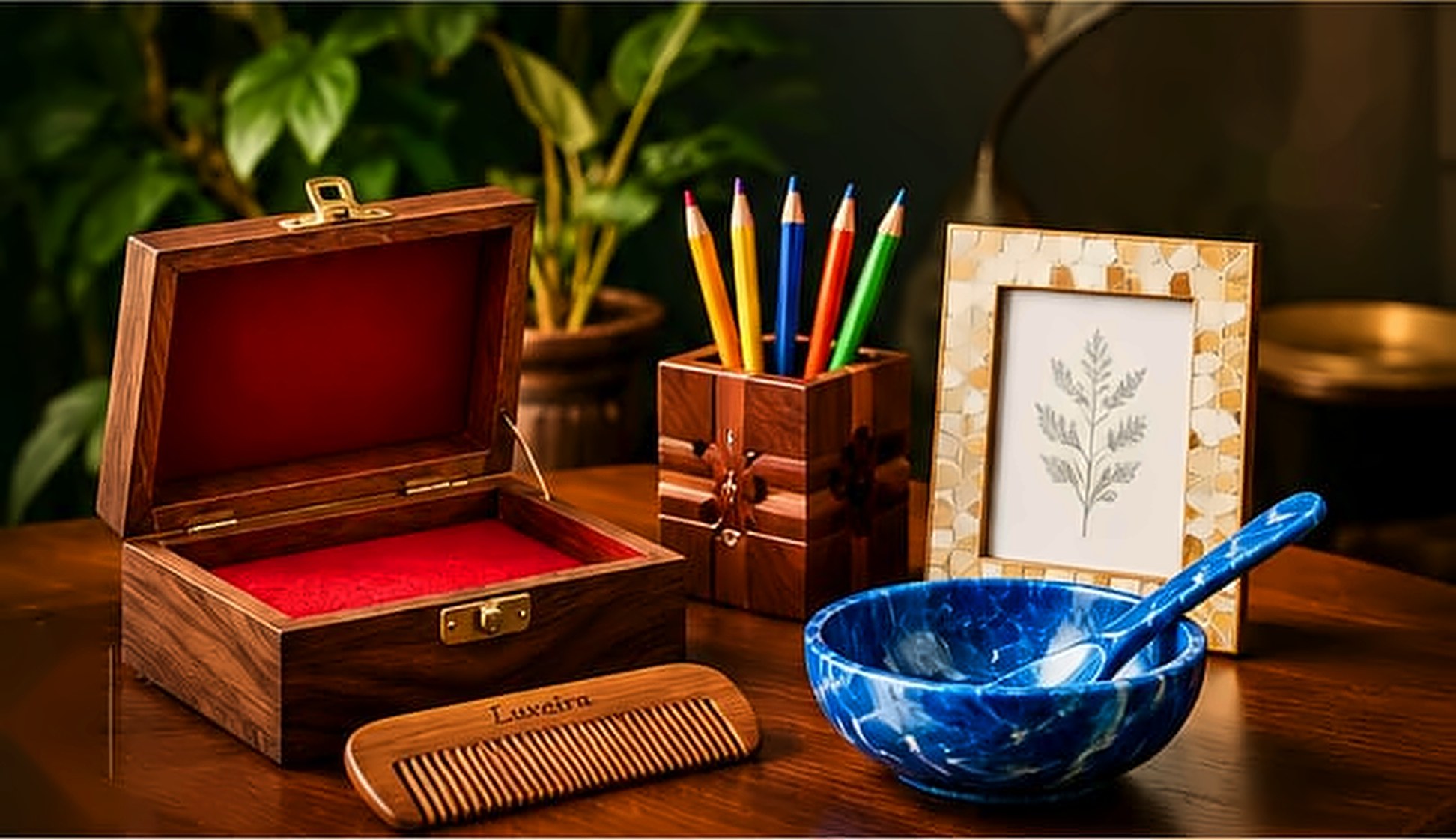 Handcrafted Luxeira products on a wooden table